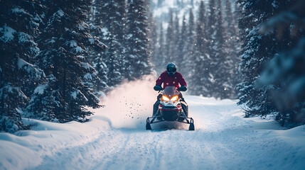 A snowmobile rider speeding through a snow-covered forest trail kicking up snow as they navigate the tight turns.