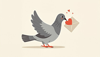 Fototapeta premium Cute Pigeon Messenger Delivering Love Letter Against Beige Background