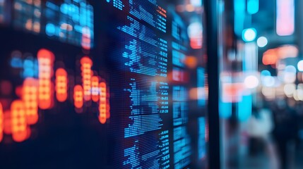 Close up shot on digital screen data value of stock market change and volatility prices profit or loss
