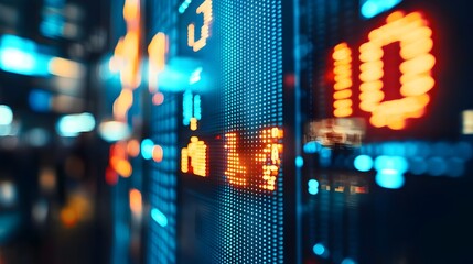 Close up shot on digital screen data value of stock market change and volatility prices profit or loss