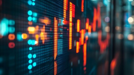 Naklejka premium Close up shot on digital screen data value of stock market change and volatility prices profit or loss