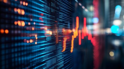 Close up shot on digital screen data value of stock market change and volatility prices profit or loss