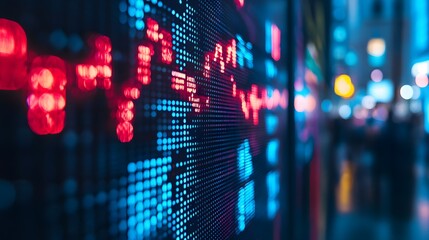 Close up shot on digital screen data value of stock market change and volatility prices profit or loss