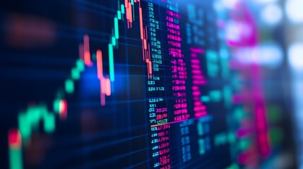 Close up shot on digital screen data value of stock market change and volatility prices profit or loss