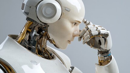 Futuristic ai robot in thoughtful pose for technology and innovation concepts