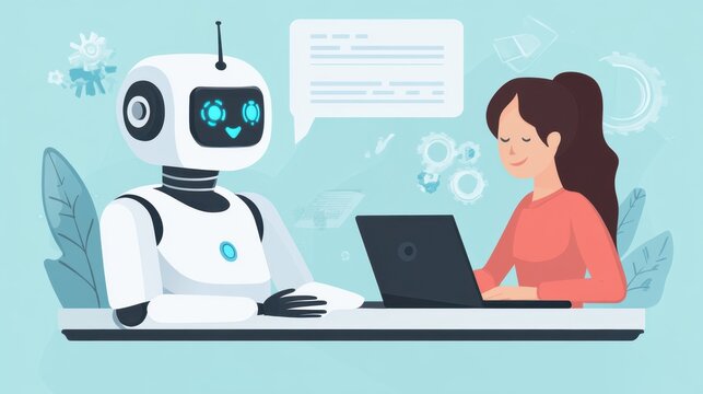 AI robot works with a corporate office worker as a helper and assistant