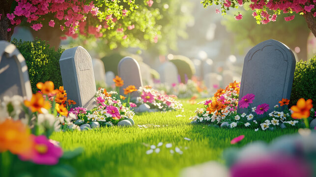 cartoon 3d illustration of modern stone tombstones in cemetery decorated with flowers, daylight, green lawn, graves, church yard, funeral, burial, landscape, christianity, death