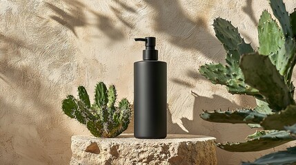  Black soap dispenser on rock with cactus pot nearby