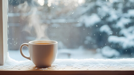 Fototapeta premium A steaming cup of tea or coffee on a wooden windowsill looking out onto a snow-covered garden.