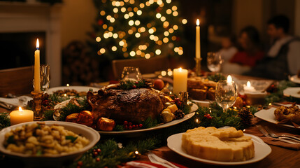 Fototapeta premium A table set with Christmas Eve dinner featuring roasted meats festive candles and traditional holiday dishes with a family gathering in the background.