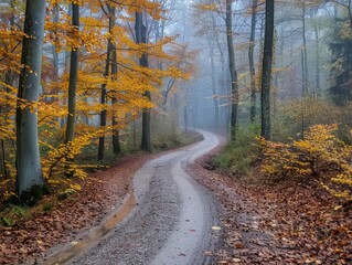 Fototapeta premium Serene winding path through a misty forest with vibrant autumn foliage and fallen leaves