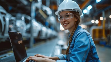 A young woman in a hard hat and safety glasses working on a laptop in a car manufacturing facility during the daytime