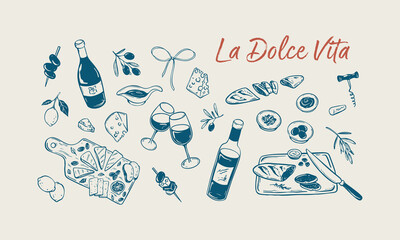 La Dolce Vita picnic set. Hand drawn minimalist art. Girly summer outdoor party. Charcuterie board, cheese platte, vine bottle and wineglass. Italy food. Vector illustration