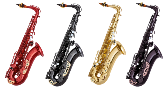 Colorful Collection of Four Saxophones Displayed on White Background Generative AI