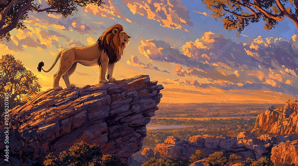 Poster   Lion on Cliff with Sunset and Clouds - A stunning artwork depicts a majestic lion perched atop a cliff, surrounded by the beauty of a sunset