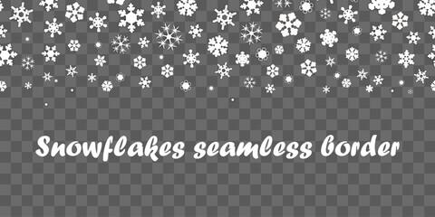 snowflakes seamless border. A lot of different snowflakes randomly fall from above. isolated on a checkered background. element for background, cards, greetings, header for the website