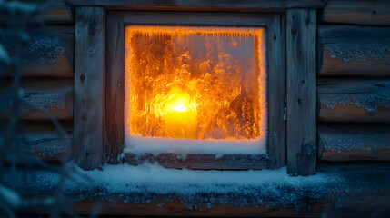 Obraz premium A wooden cabin window frosted with ice with soft candlelight glowing from inside.