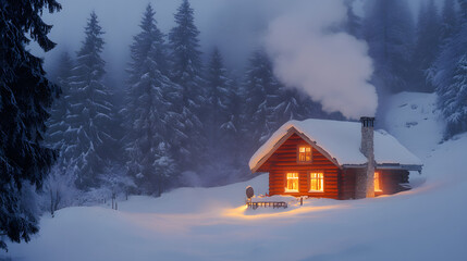 A wooden cottage with smoke rising from the chimney nestled among snow-covered trees with soft light glowing from inside.