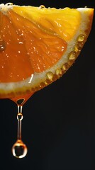 Close-up of a juicy orange slice with droplets falling, vibrant against a dark background