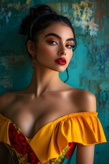 Latin American woman in a bold dress with a sensual neckline