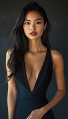 Fototapeta premium Latina in a modern form-fitting dress with a deep V-neckline