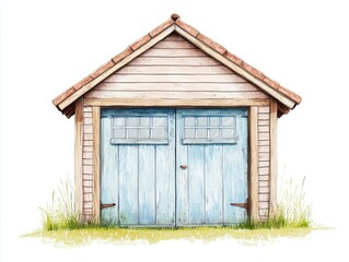 Charming wooden shed with blue doors and a sloped roof, white isolate background.