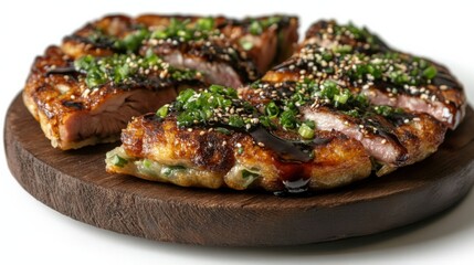 Savory okonomiyaki japanese pancake with cabbage and toppings for culinary design