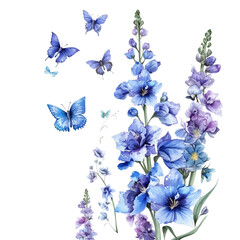 Floral Arrangement: Delphiniums and Butterflies on transparent background