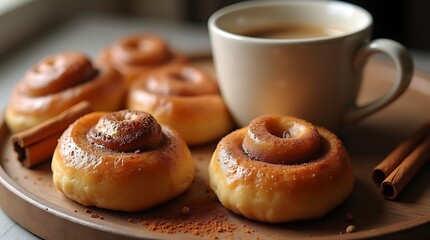 Deliciously Freshly Baked Traditional Swedish Cinnamon Buns  Accompanied by a Warm Cup of Coffee on a Rustic Wooden Table, Perfect for Cozy Moments &ndash; Ample Copy Space Available for Personalization