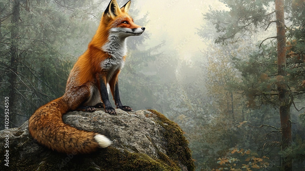 Poster   Red fox on rock in forest, foggy sky