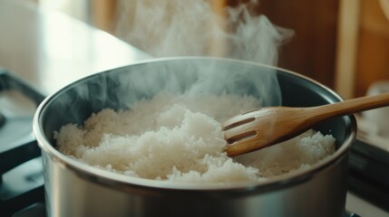 Steaming hot jasmine rice cooking in kitchen atmosphere