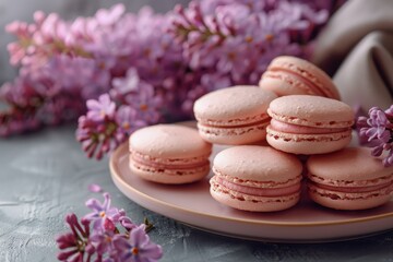 Delicate pink macarons arranged elegantly on a plate surrounded by fresh lilac flowers