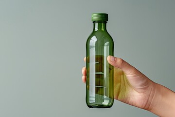 Fototapeta premium A hand holding a clear glass bottle against a subtle green background in soft lighting