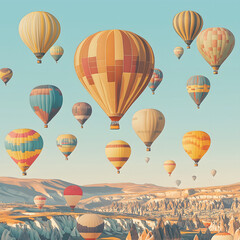 Colorful hot air balloons floating over a scenic landscape during a clear day, creating a dreamy and whimsical atmosphere,
hot air balloon ascent day