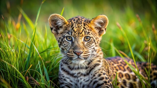 Panoramic view of a leopard cub in the grass in an African wildlife conservation area