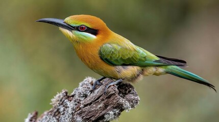 Fototapeta premium Vibrant green bee-eater bird perched on mossy branch for wildlife photography