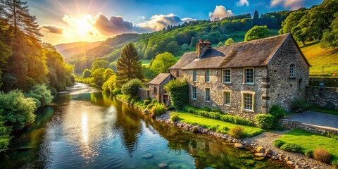 Fototapeta premium Old Stone House Along the River - Scenic Nature View with Copy Space for Text
