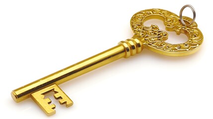 A single gold key with intricate details on the handle, shining brightly with a smooth metallic finish
