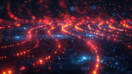 Abstract glowing digital particles forming flowing lines with red and blue lights, concept for technology, data analysis and network communication