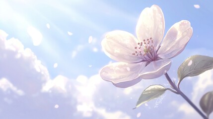   A macro of a blossom on a bough, set against a backdrop azure heavens and cloudscapes in the vicinity