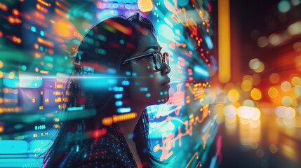 Woman in glasses looking at city lights with a digital overlay. .