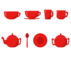 Set of dishes for tea drinking, various cups and teapots for hot drinks