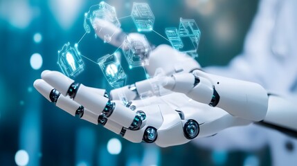 
Healthcare technology, Hands of robot hold healthcare system management tools, health records, medical devices, diagnostics, and patient monitoring technology.