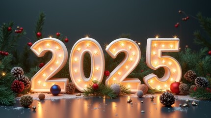 Festive decorations featuring the year 2025, surrounded by holiday ornaments and candlelight in a winter setting