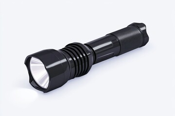 Black flashlight with bright LED light, isolated on white background.