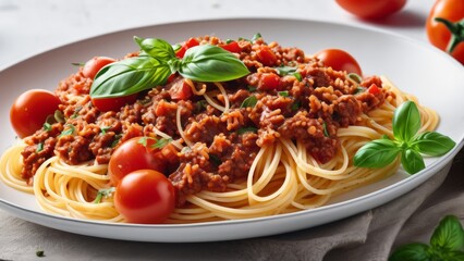 Spaghetti bolognese with cherry tomatoes and basil.