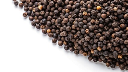 Panoramic view of black peppercorns on a white background with Indian dried spices