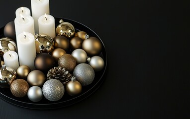Elegant holiday centerpiece featuring candles and decorative ornaments in gold and silver tones on a black background