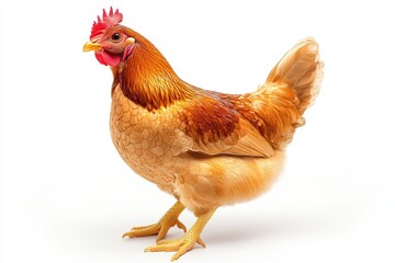 Fototapeta premium Hen with vibrant feathers, standing elegantly on white isolated background.