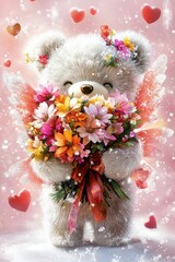 A happy Christmas tree fairy teddy bear character holding a bouquet of colorful flowers, surrounded by floating hearts and snow crystals.